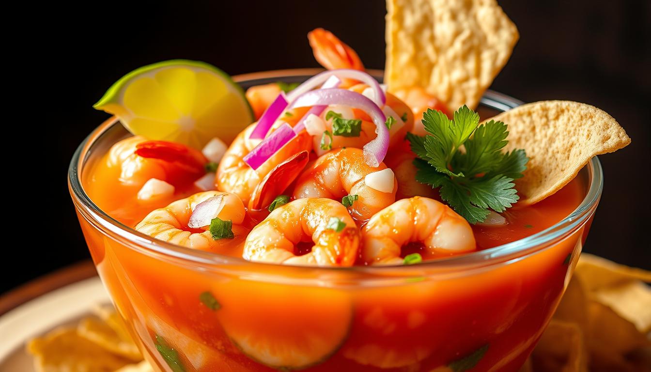A vibrant Mexican Shrimp Cocktail (Coctel de Camarones) served in a glass, garnished with avocado, cilantro, and lime, with tortilla chips on the side