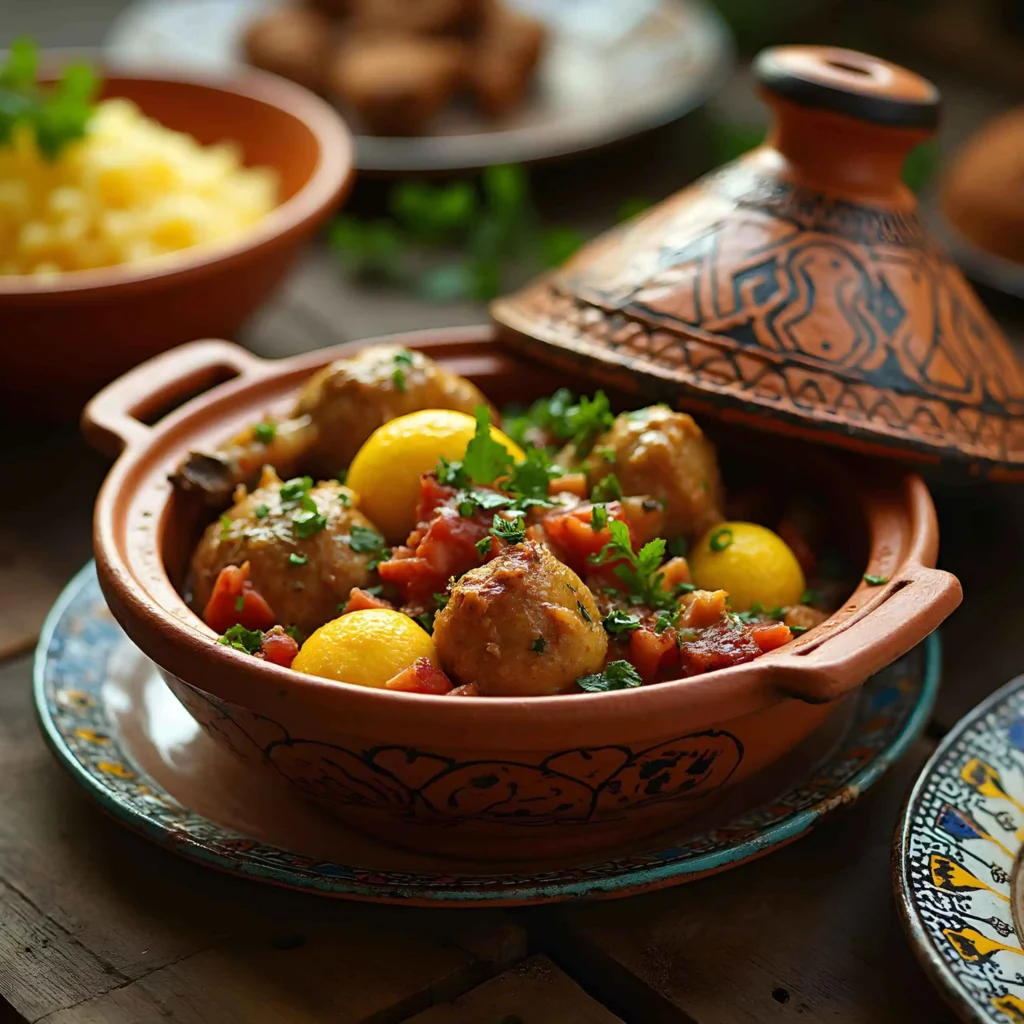 A beautifully arranged Moroccan dishes tagine pot with steaming chicken and preserved lemons, served alongside a bowl of fluffy couscous garnished with fresh herbs, worldflavorguide