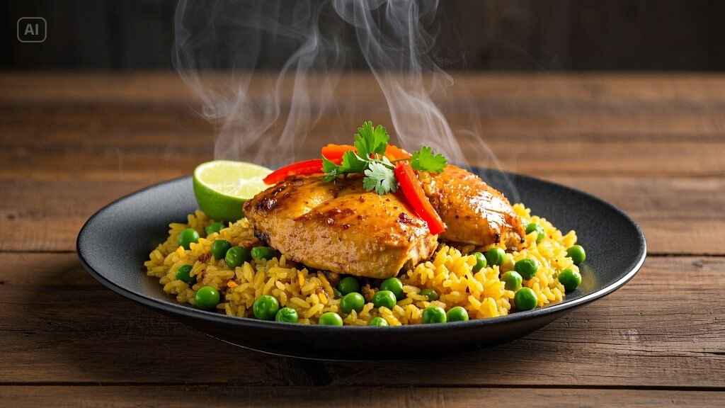 A vibrant featured image showcasing a beautifully plated Arroz con Pollo dish with golden rice, tender chicken, and colorful vegetables. The dish is placed on a rustic wooden table with a blurred cozy kitchen background.