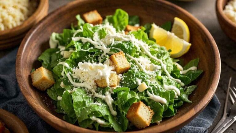 Homemade Caesar salad topped with creamy dressing, Parmigiano-Reggiano, croutons, and lemon wedge, with dressing ingredients displayed on a wooden table