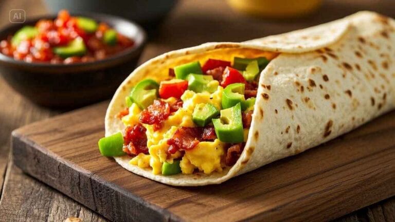 Close-up of a sliced breakfast burrito filled with scrambled eggs, bacon, cheddar cheese, bell peppers, and avocado on a wooden table—perfect for a quick and delicious Burrito Breakfast Recipe