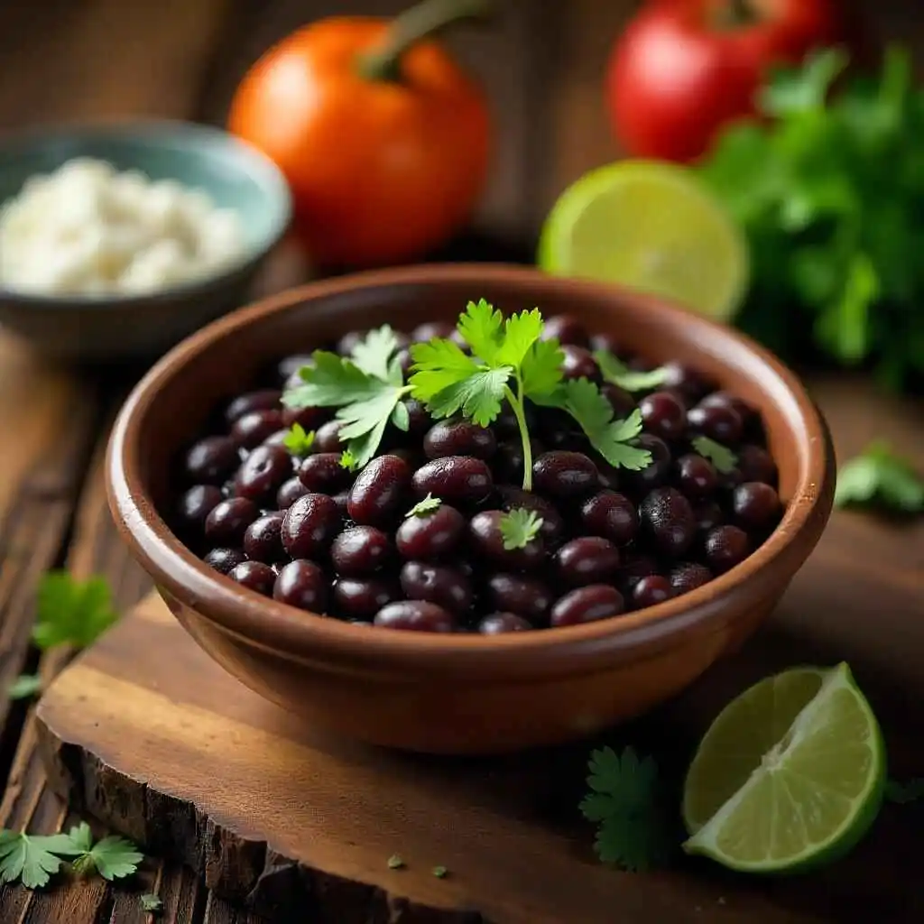 worldflavorguide-A bowl of black beans with cilantro and lime, surrounded by cooking ingredients.