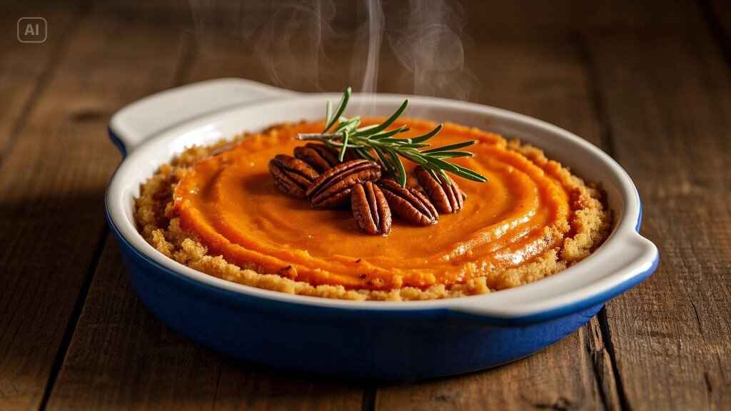 Creamy Ruth’s Chris Sweet Potato Casserole with a caramelized pecan crust, steam rising from the warm, velvety filling.