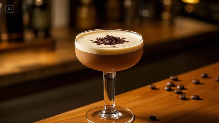 Chocolate espresso martini served in a chilled martini glass, topped with frothy foam, garnished with chocolate shavings and coffee beans, set in a warm, dimly lit bar ambiance.