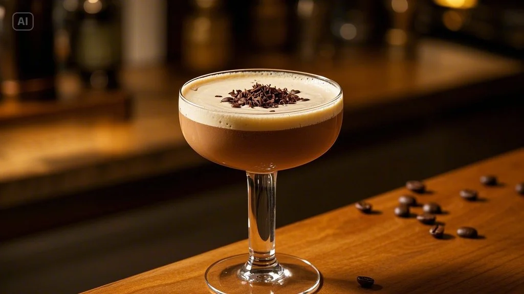 Chocolate espresso martini served in a chilled martini glass, topped with frothy foam, garnished with chocolate shavings and coffee beans, set in a warm, dimly lit bar ambiance.