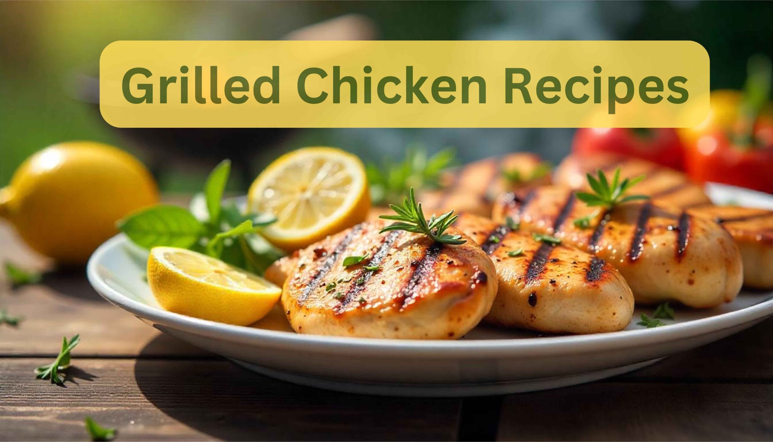 Juicy grilled chicken with herbs and lemon on a platter, set in a summer BBQ scene