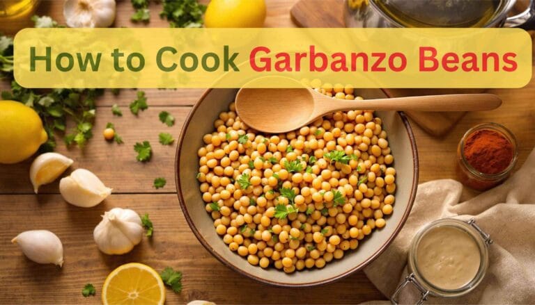 How to cook garbanzo beans - rustic bowl with ingredients and utensils for perfect chickpeas