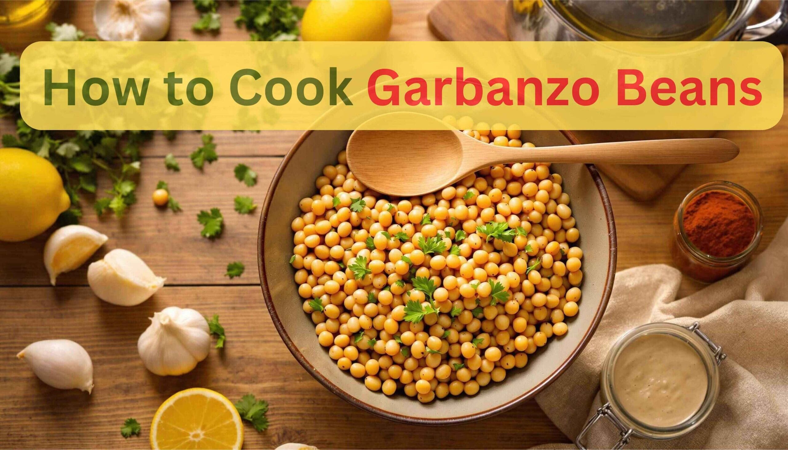 How to cook garbanzo beans - rustic bowl with ingredients and utensils for perfect chickpeas