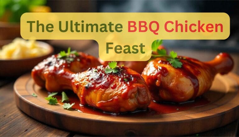 Juicy BBQ chicken thighs and drumsticks with sticky glaze, smoke rising in the background.