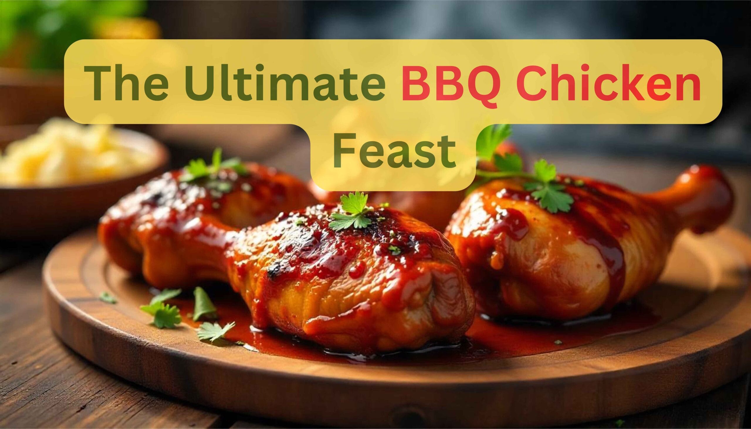 Juicy BBQ chicken thighs and drumsticks with sticky glaze, smoke rising in the background.