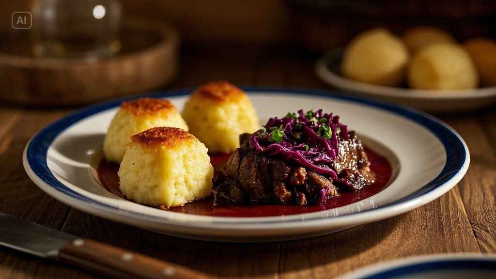 Traditional German cuisine: Sauerbraten served with red cabbage and potato dumplings on a rustic wooden table