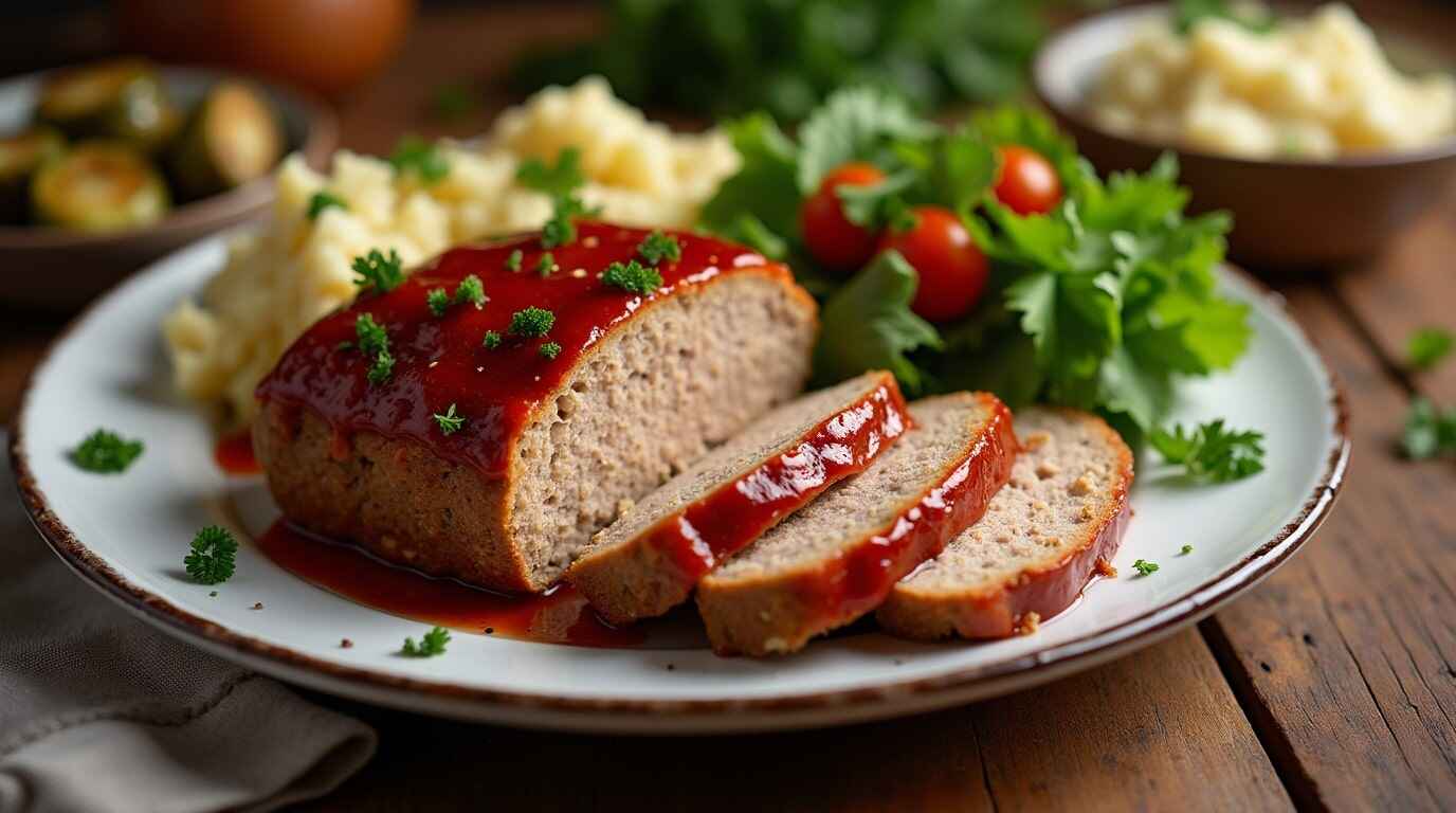 Juicy sliced turkey meatloaf topped with tomato glaze, served with roasted veggies and mashed potatoes.
