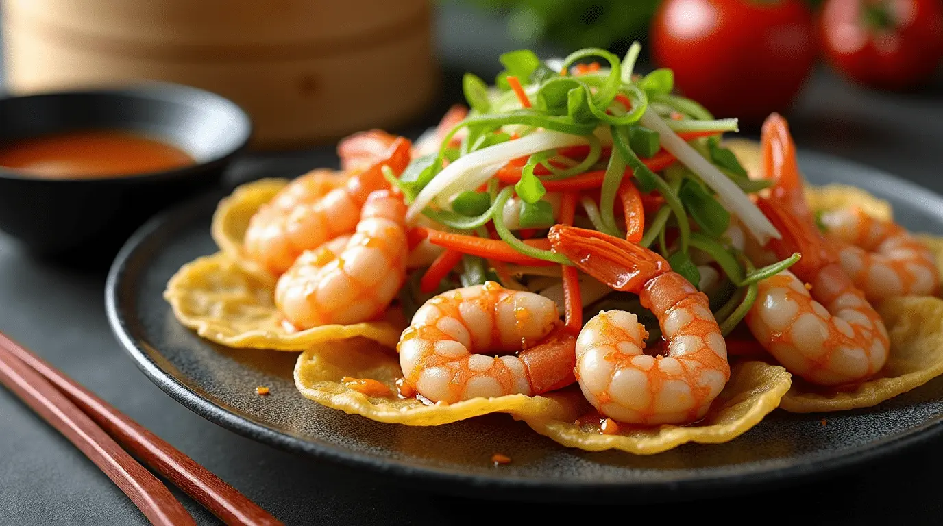 A visually appealing Mu Shu Shrimp dish with golden scallion pancakes, tender shrimp, and fresh vegetables, served with hoisin sauce on a dark plate.