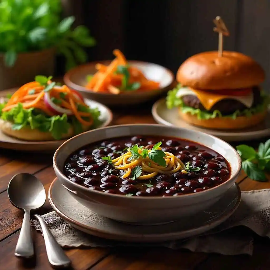 A table setting with black bean soup, salad, and burgers, garnished with fresh herbs