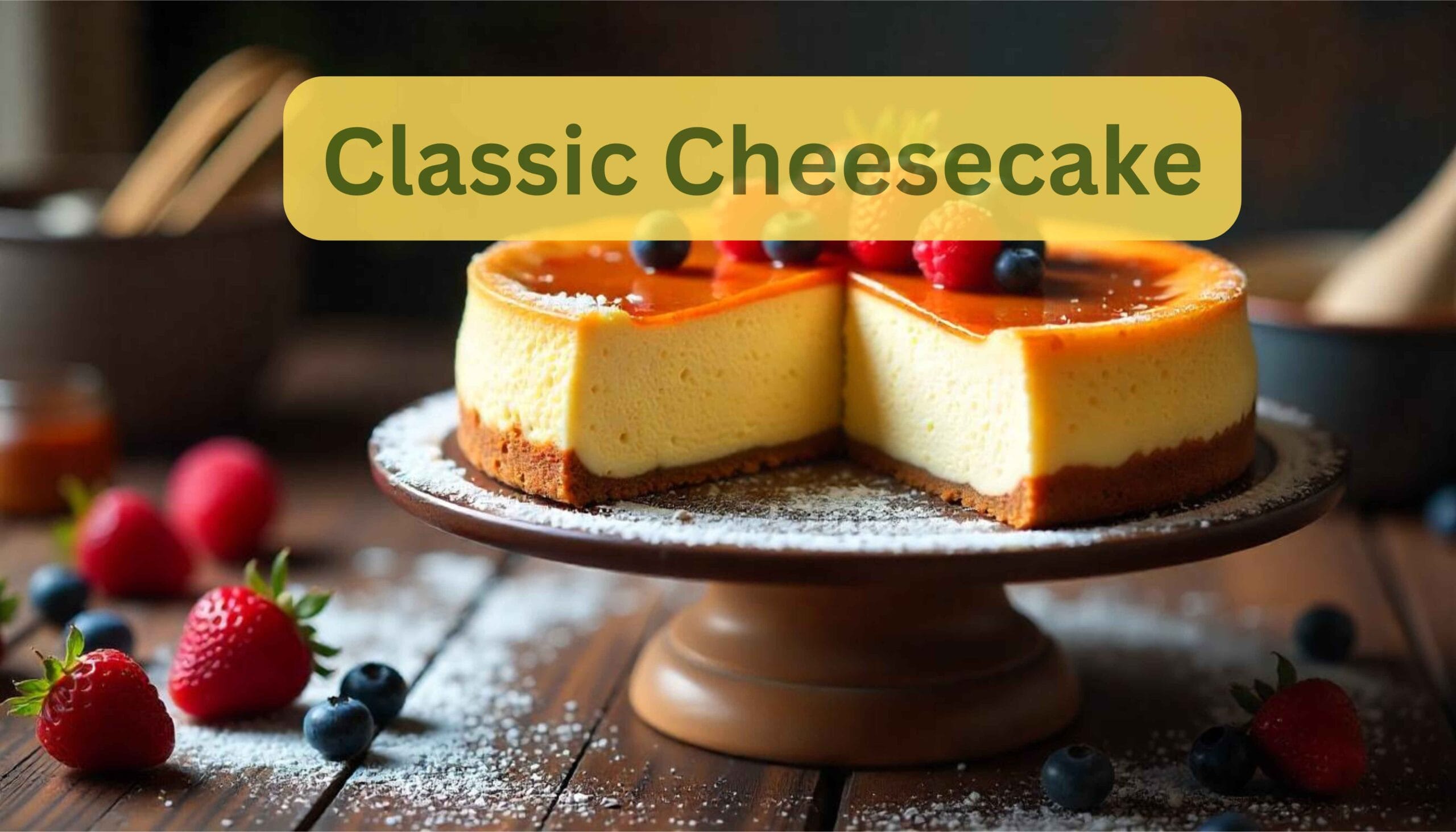 Perfectly baked classic cheesecake with fresh berries and caramel drizzle on a rustic kitchen table.