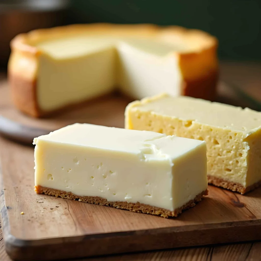 High-fat vs. low-fat cream cheese with a slice of cheesecake