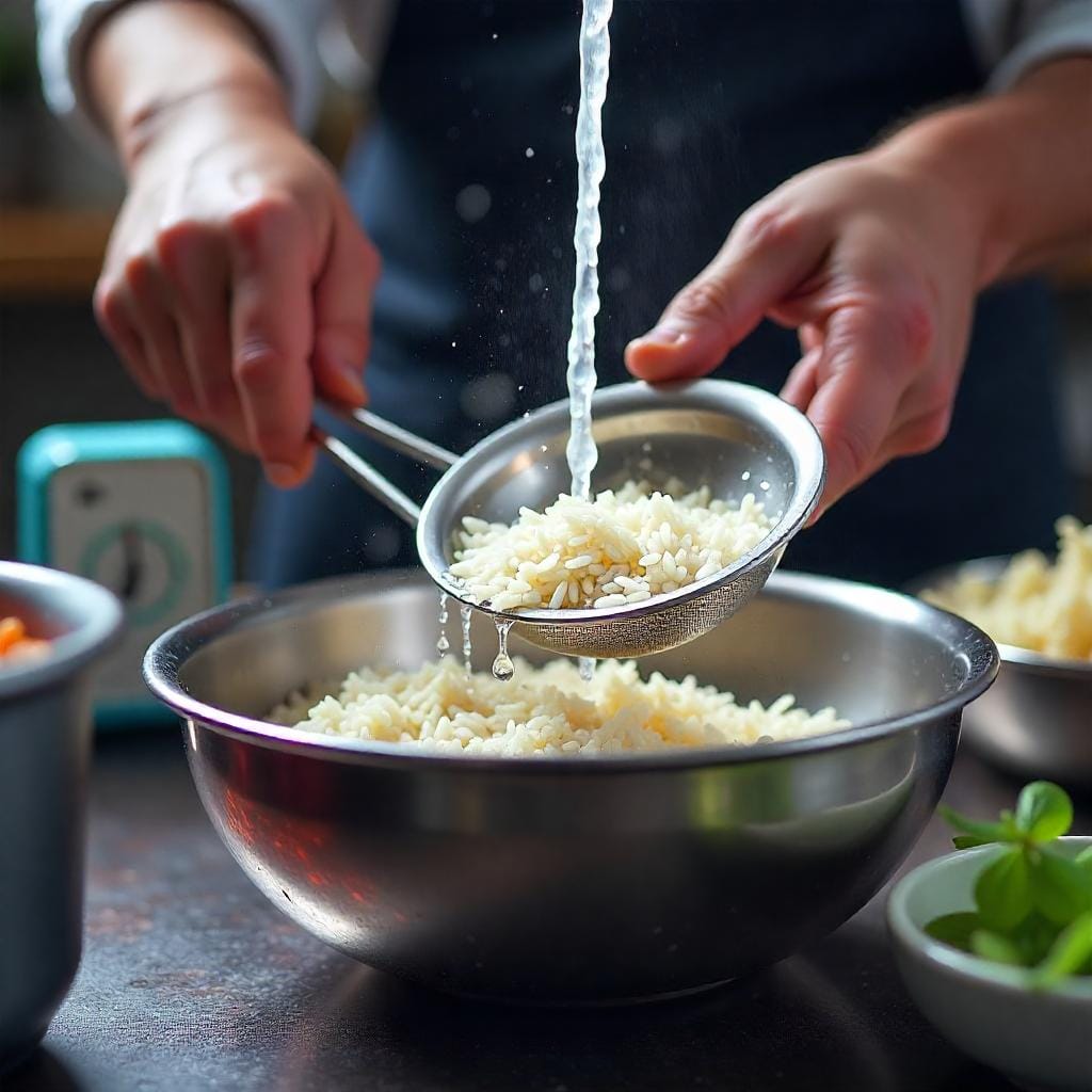 Chef demonstrating how to cook basmati rice by rinsing it in a strainer to remove excess starch, with soaked rice prepared for cooking.