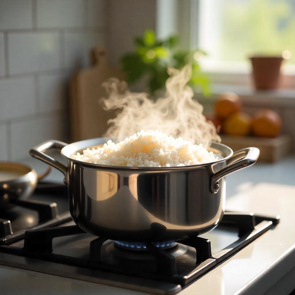 Pot of fluffy basmati rice boiling on stovetop, steam rising, with 1.5:1 water-to-rice ratio