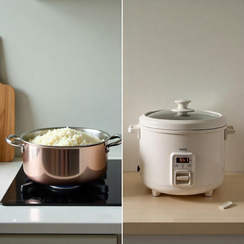 Stovetop pot and rice cooker side-by-side, cooking basmati rice with wooden spoon and digital timer