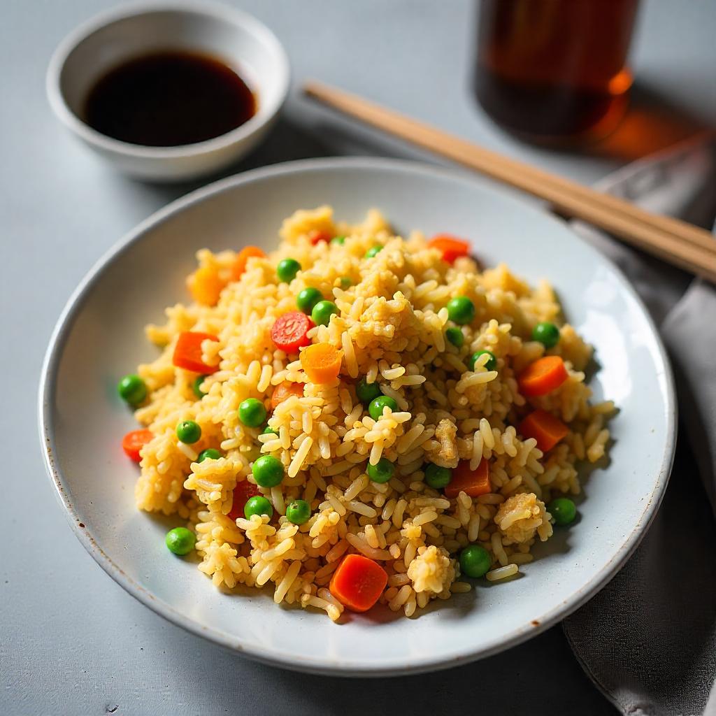 Fried rice made from leftover basmati, with veggies, eggs, and soy sauce, served with chopsticks