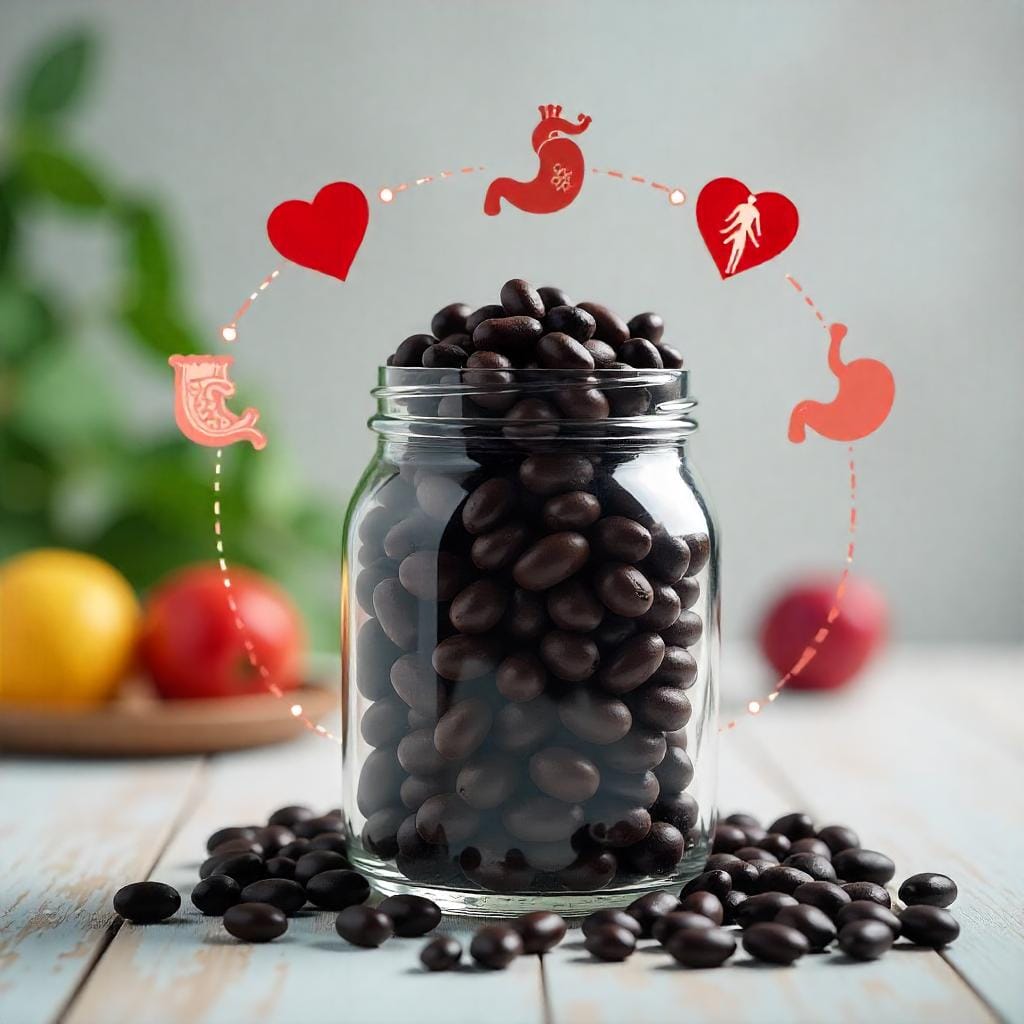 Black beans in a jar with icons representing heart health, fiber, and blood sugar control.