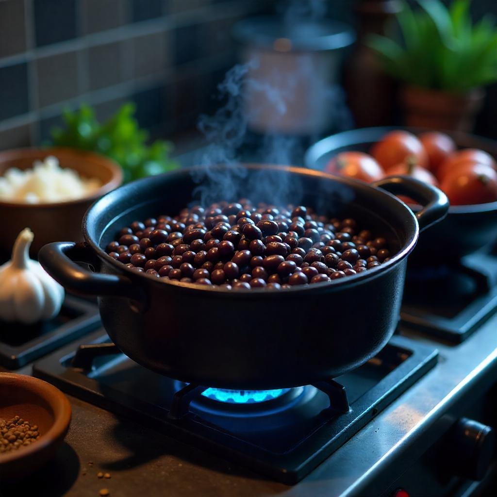 A pot of simmering black beans with garlic, onions, and spices on a stove.