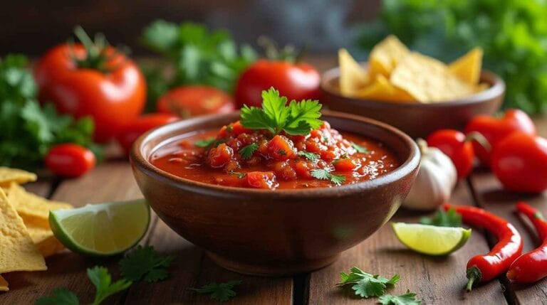 A bowl of homemade salsa roja surrounded by fresh ingredients, tortilla chips, and lime.