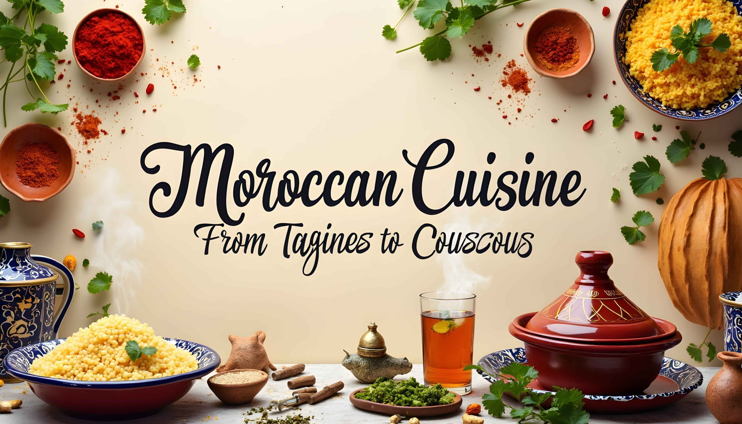 Moroccan dishes, with a steaming tagine pot, a bowl of fluffy couscous, and a glass of mint tea on a beautifully arranged table. Colorful spices, fresh herbs, and decorative Moroccan tableware surround the dishes.