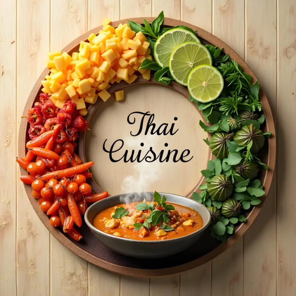 A vibrant Thai cuisine platter featuring pad Thai, spring rolls, and curry, showcasing the rich flavors and colors of Thai food.