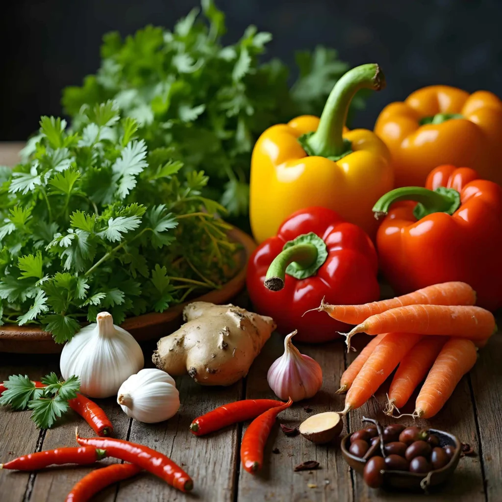 worldflavorguide- a colorful mix of fresh Thai vegetables, including bok choy, bell peppers, and carrots, used in vibrant Thai cuisine dishes.