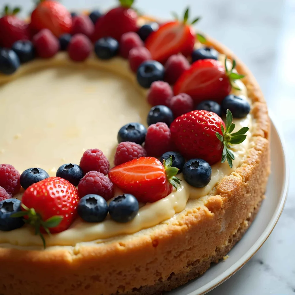 Classic cheesecake recipes topped with fresh strawberries, blueberries, and raspberries.