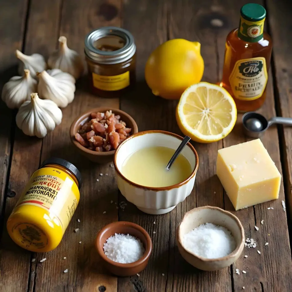 Flat-lay of 8 key ingredients for Caesar dressing: garlic, anchovy paste, lemon, Dijon mustard, Worcestershire sauce, mayonnaise, Parmigiano-Reggiano cheese, salt, and pepper
