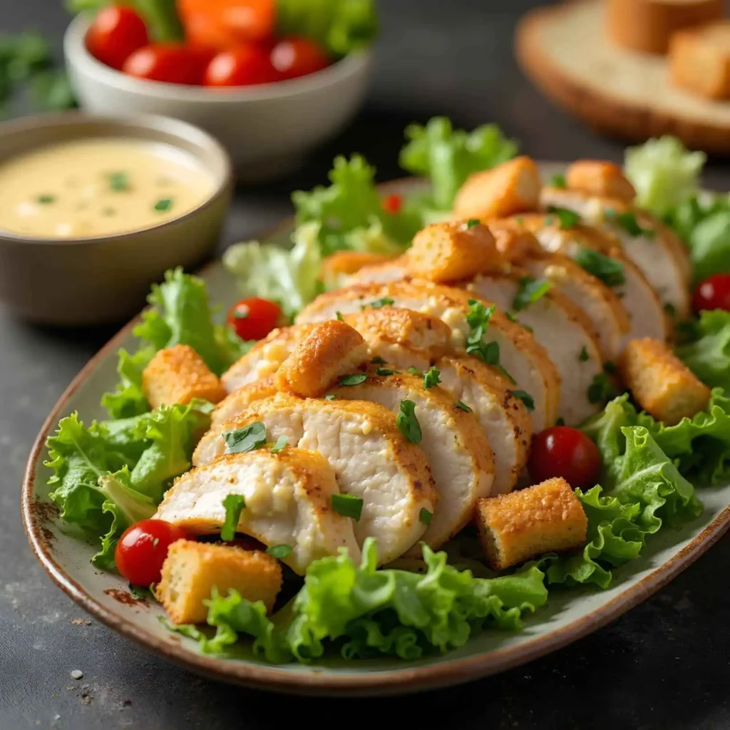 worldflavorguide - a Beautifully plated Caesar salad with grilled chicken, croutons, and creamy dressing, alongside fresh vegetables and a sandwich