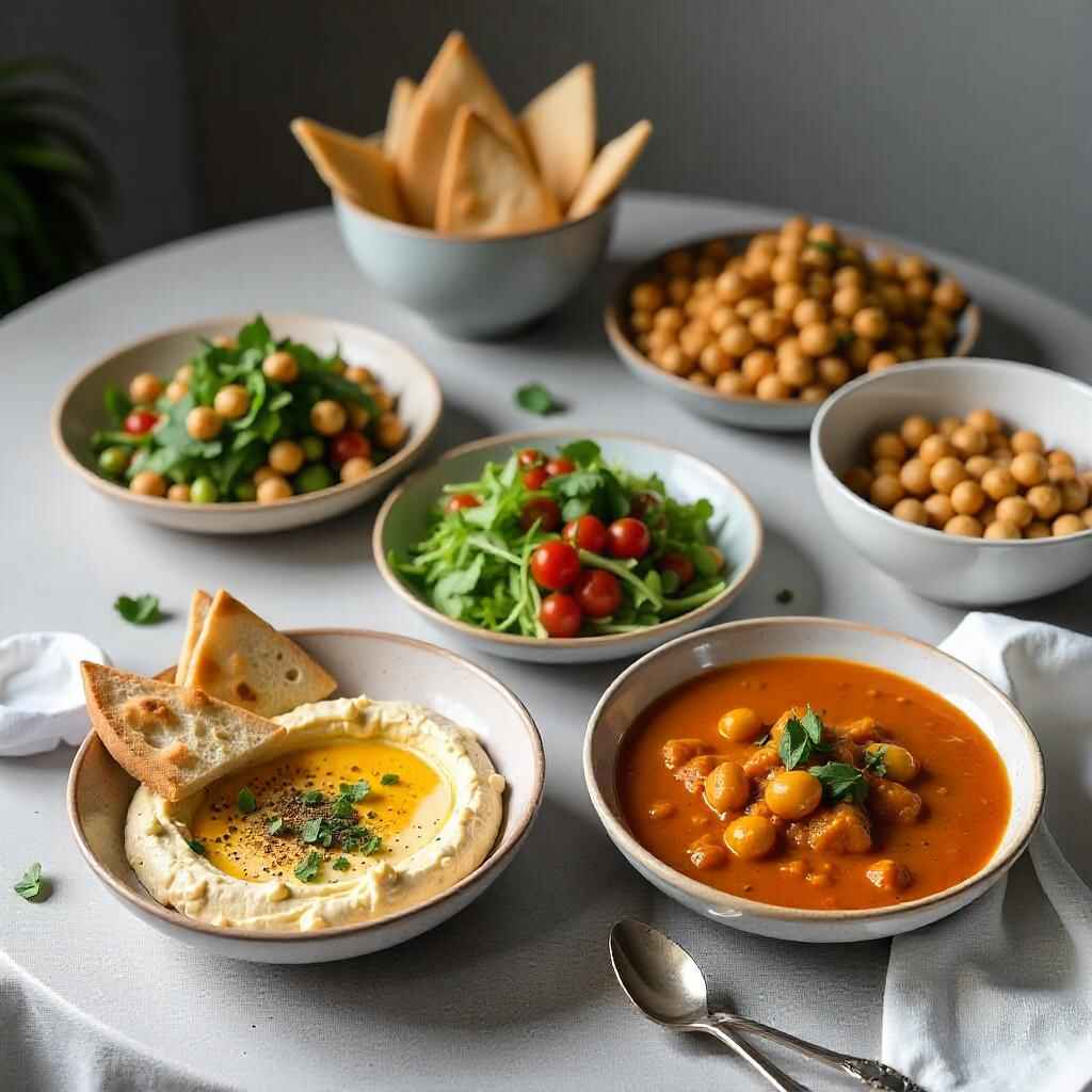 A table with hummus, chickpea curry, salad, and roasted chickpeas, showcasing creative recipes