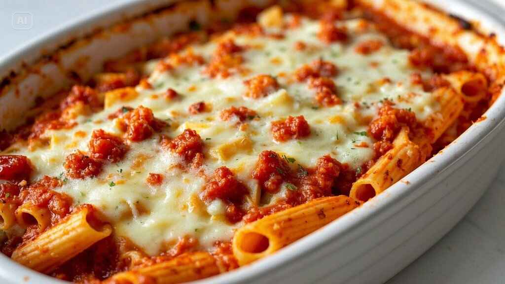 Close-up of baked ziti in a white ceramic dish, featuring golden-brown melted cheese and rich tomato sauce