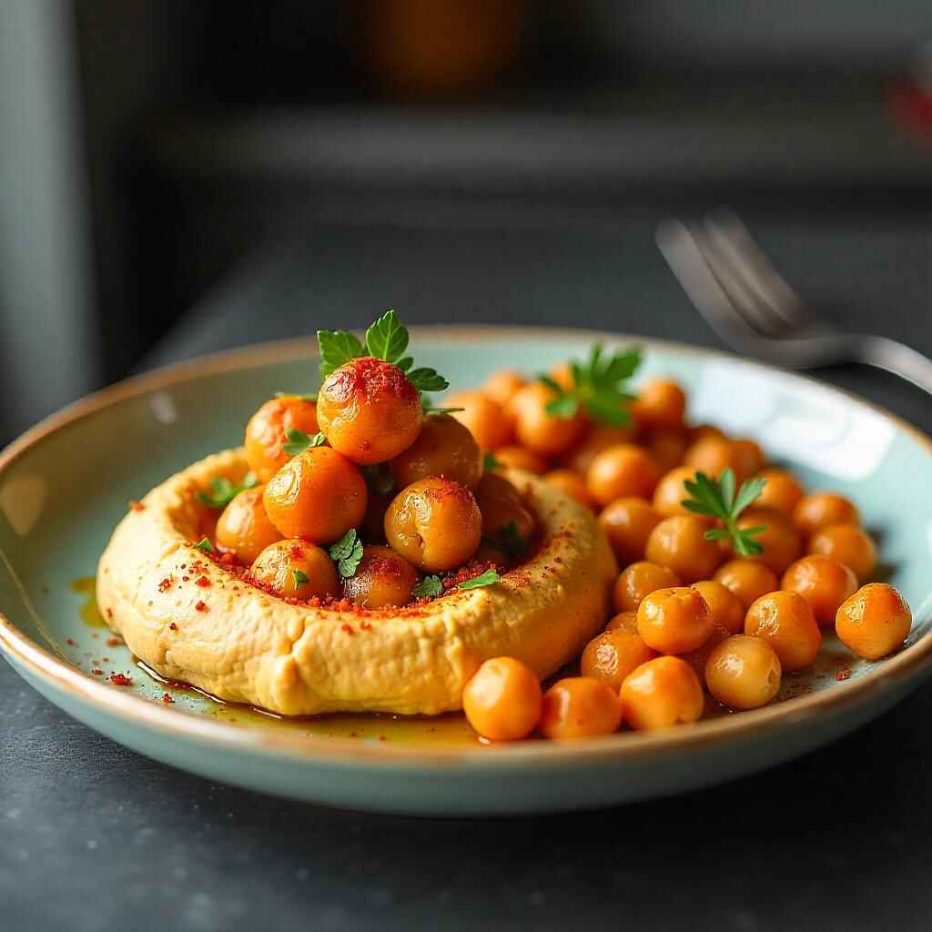 A colorful plate with hummus, roasted chickpeas, and chickpea salad, highlighting their nutritional benefits.