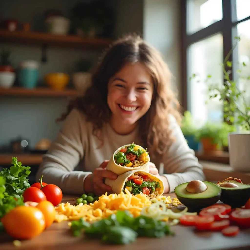 Person enjoying a homemade burrito breakfast recipe with eggs, cheese, and fresh toppings.