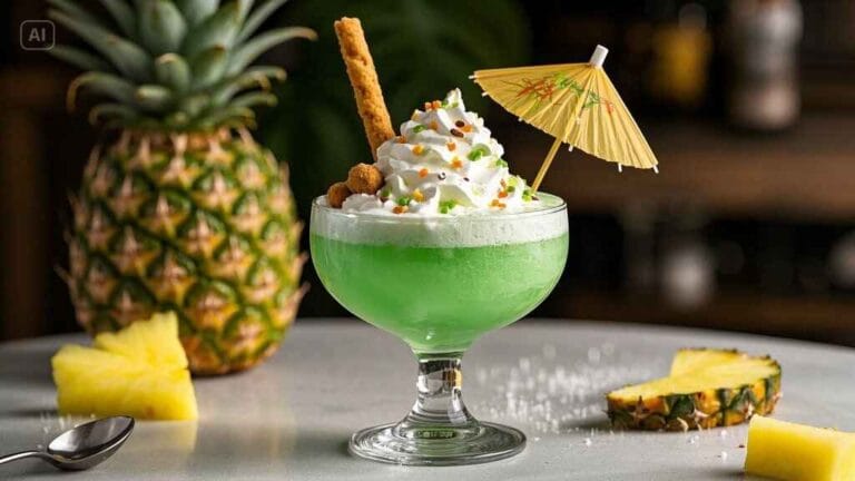 Vibrant green Scooby Snack drink in a frosty glass, topped with whipped cream, crushed cookies, and a cocktail umbrella—a creamy tropical cocktail.
