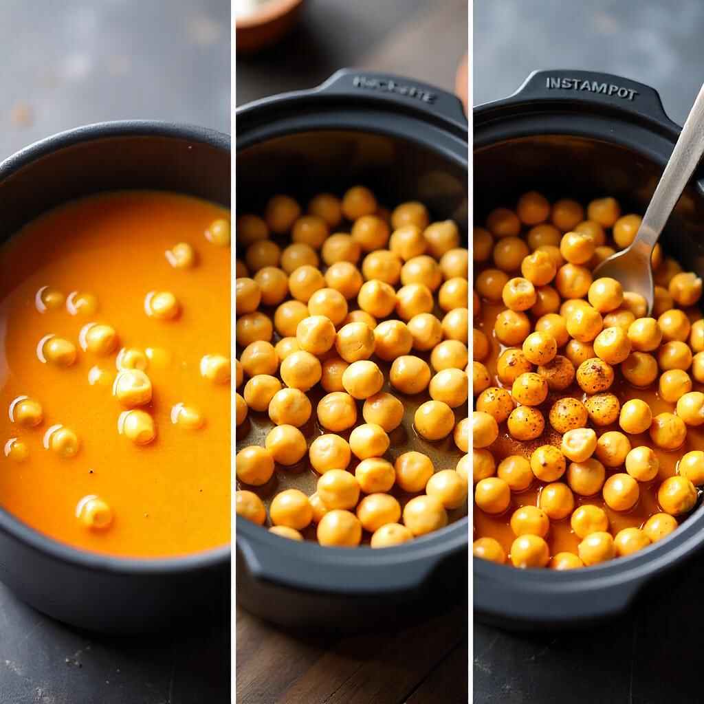A split-image collage showing stovetop, slow cooker, and Instant Pot methods for cooking chickpeas