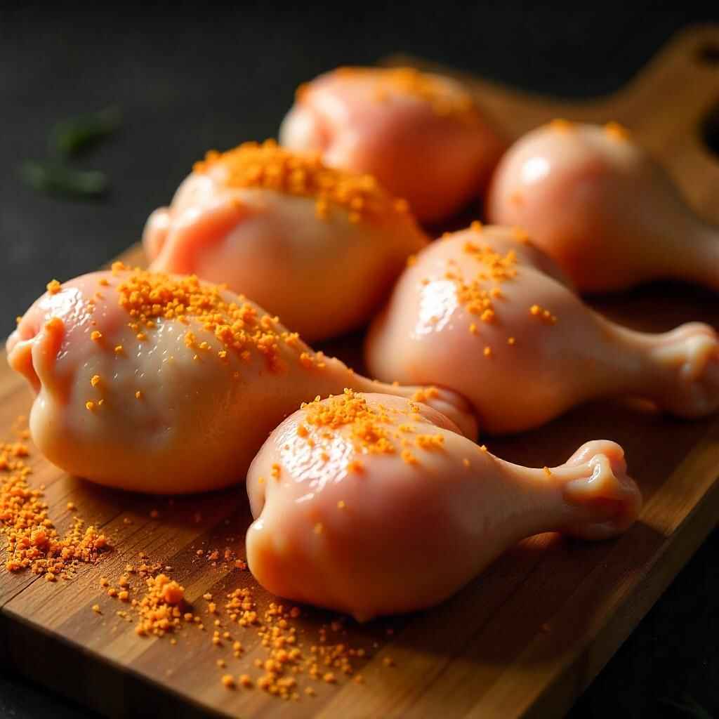 Raw bone-in, skin-on chicken thighs and drumsticks on a cutting board.