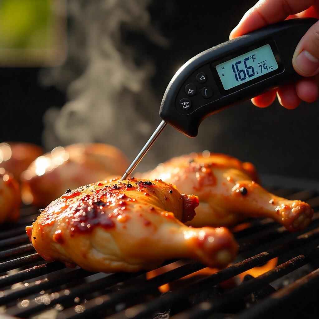 Instant-read thermometer in grilled chicken showing 165°F.