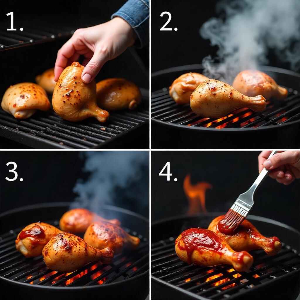 Step-by-step BBQ chicken grilling: drying, seasoning, grilling, and saucing