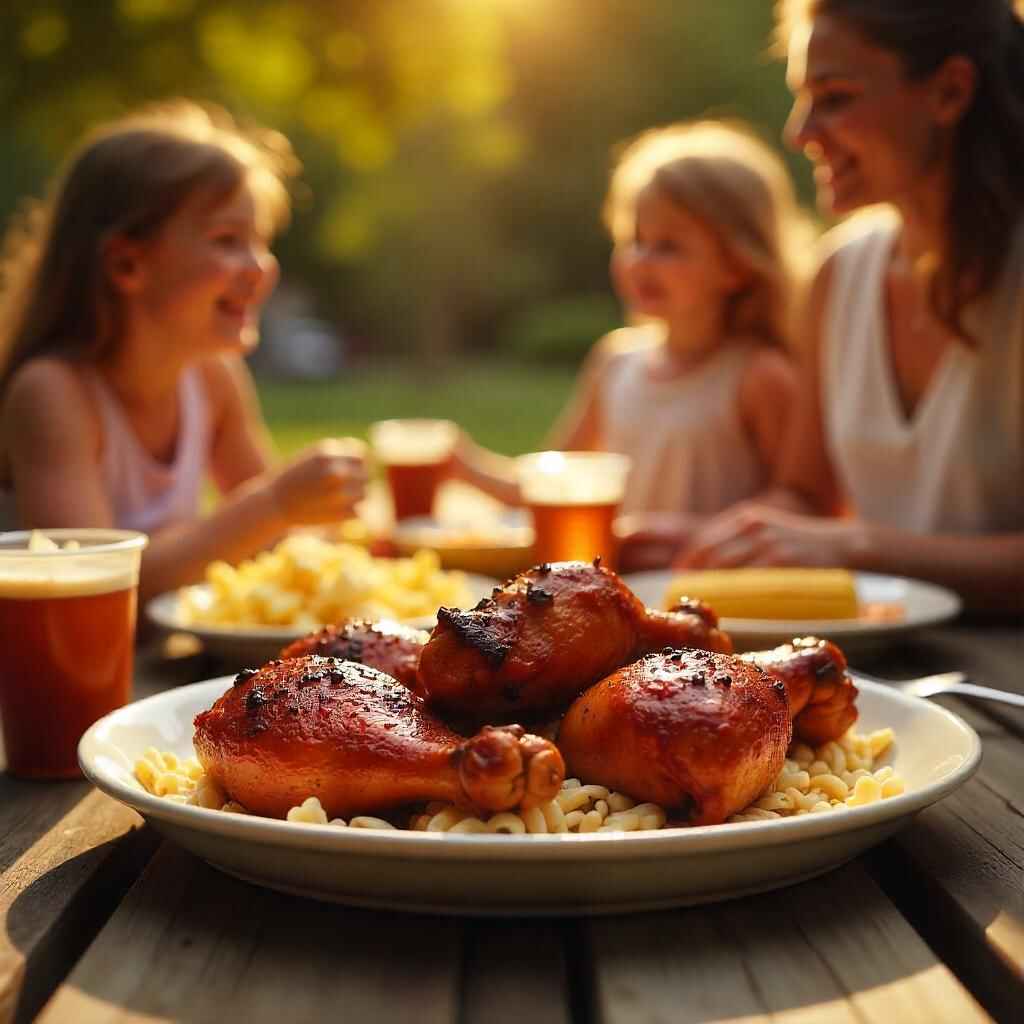 Family enjoying BBQ chicken at a picnic table with sides