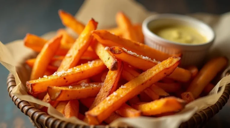 Close-up of golden crispy sweet potato fries in a rustic basket with garlic aioli dip