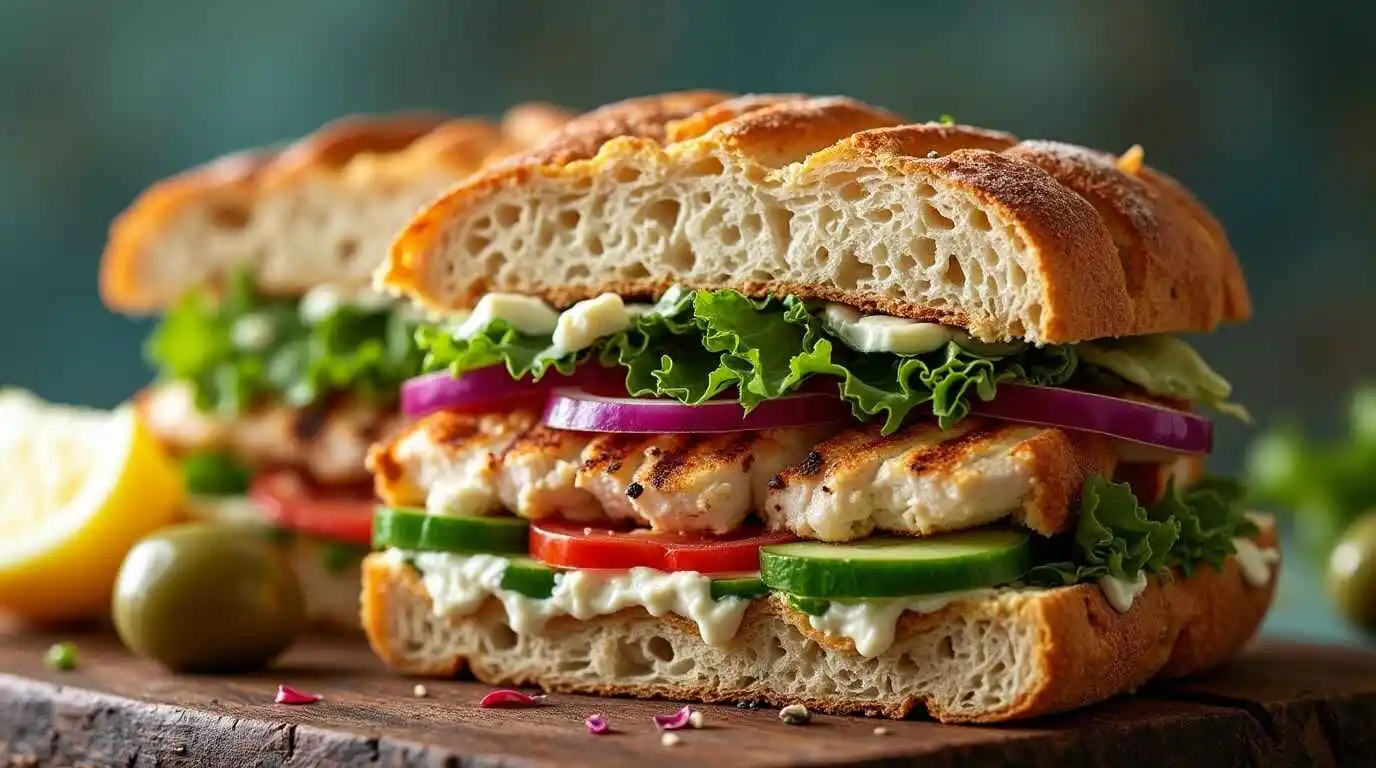 Close-up of a Mediterranean Sandwich filled with grilled chicken, fresh vegetables, hummus, and tzatziki on toasted whole grain bread