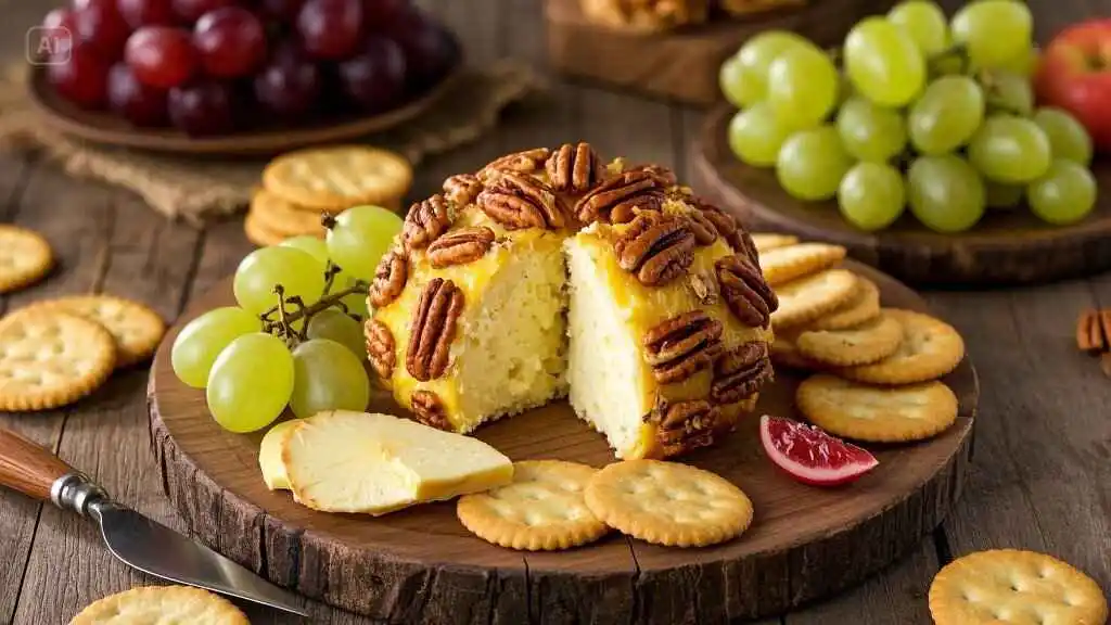 Elegant overhead shot of a pineapple cheese ball on a rustic board, coated in toasted pecans, surrounded by crackers, apple slices, grapes, and a cheese knife. A fall-inspired pineapple cheese ball recipe.