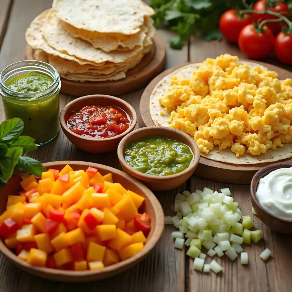 Fresh ingredients for a quick burrito breakfast recipe: eggs, tortillas, cheese, and vegetables.