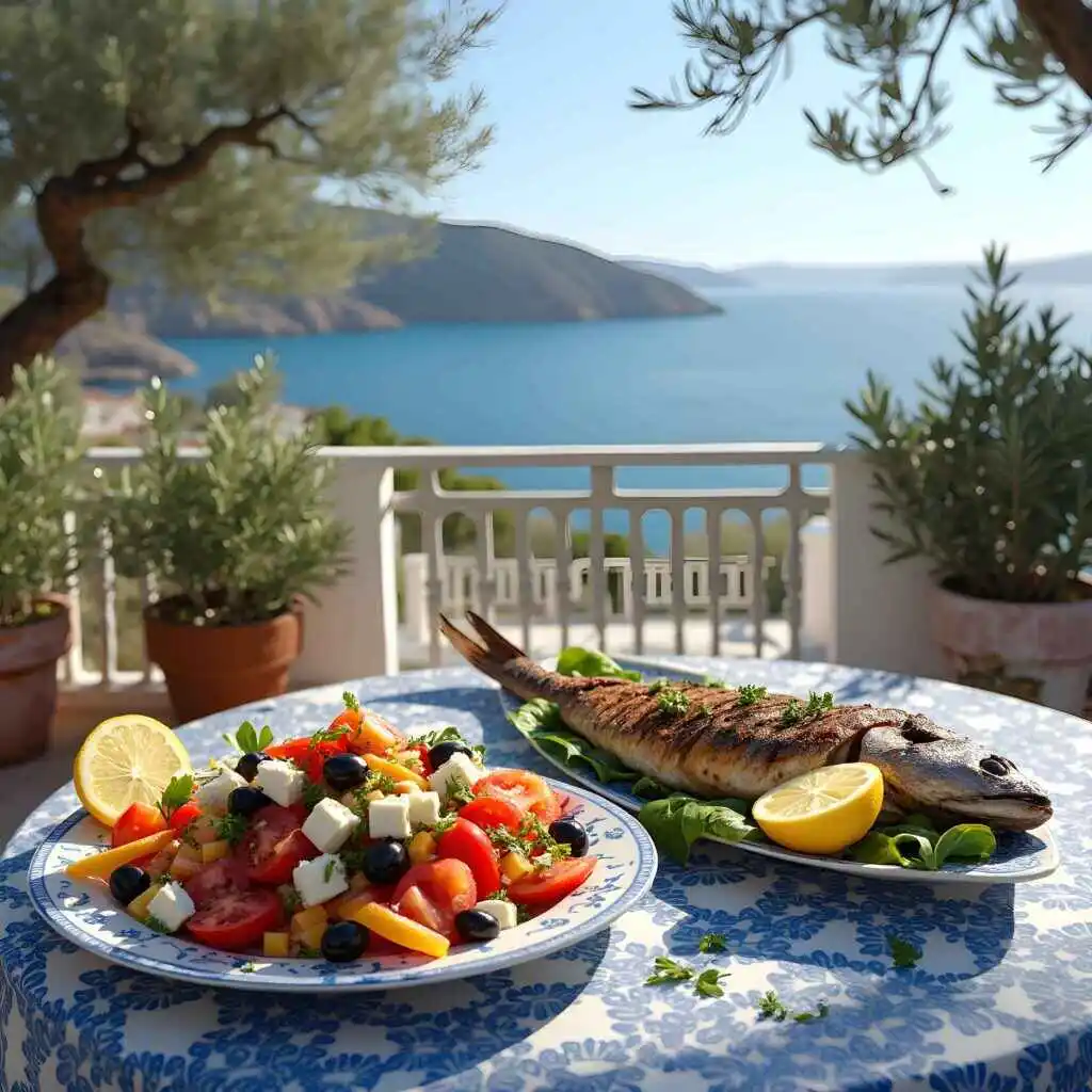 A festive Greek dinner party table set with various mezze dishes, showcasing the vibrant and communal aspects of Greek cuisine.