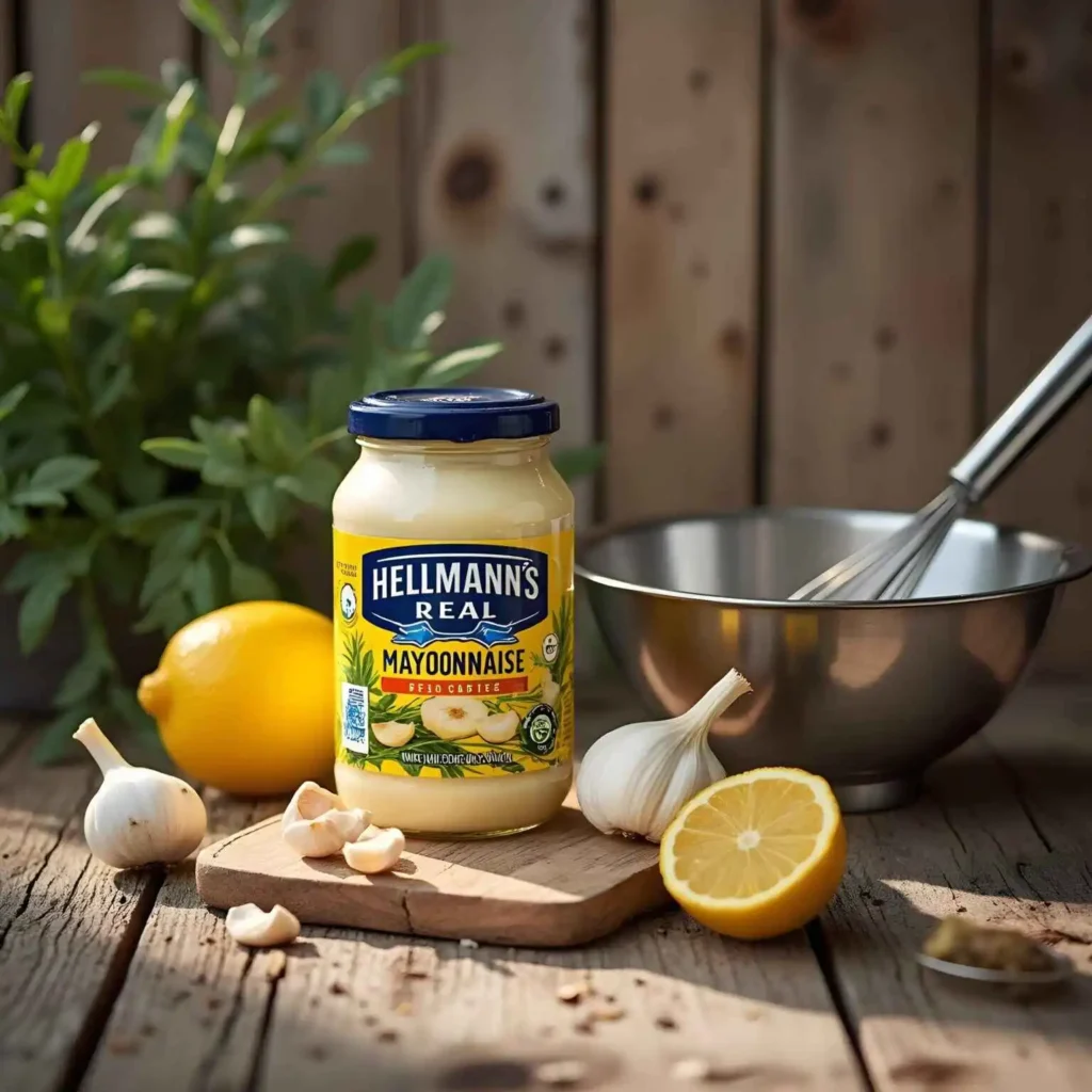High-quality mayonnaise jar next to a mixing bowl with fresh ingredients like garlic, lemon, and anchovy paste, showcasing the creamy base for Caesar salad dressing.