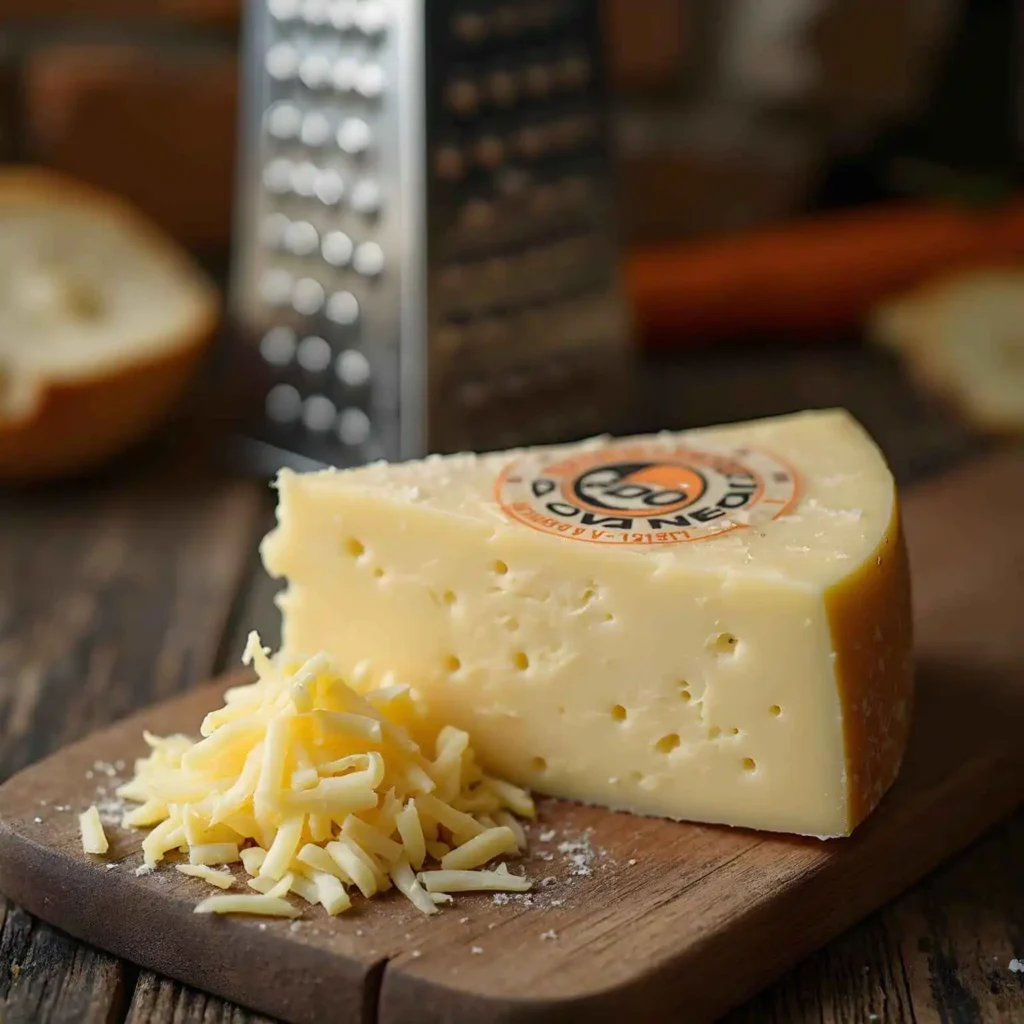 Close-up of authentic Parmigiano-Reggiano cheese with PDO label, grater, and freshly grated cheese on a wooden cutting board.